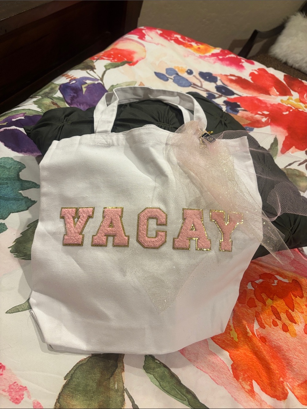 White Tote Bag with Pink VACAY Lettering and Gold Trim